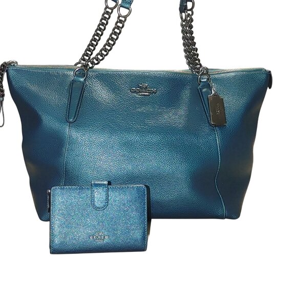 Coach Ava Chain Leather Shoulder Bag Wallet Set Metallic Teal Turquoise Nickle - Picture 13 of 15